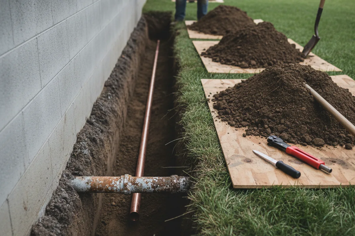 Excavated water line trench during Sewer Line Repair in South Lebanon